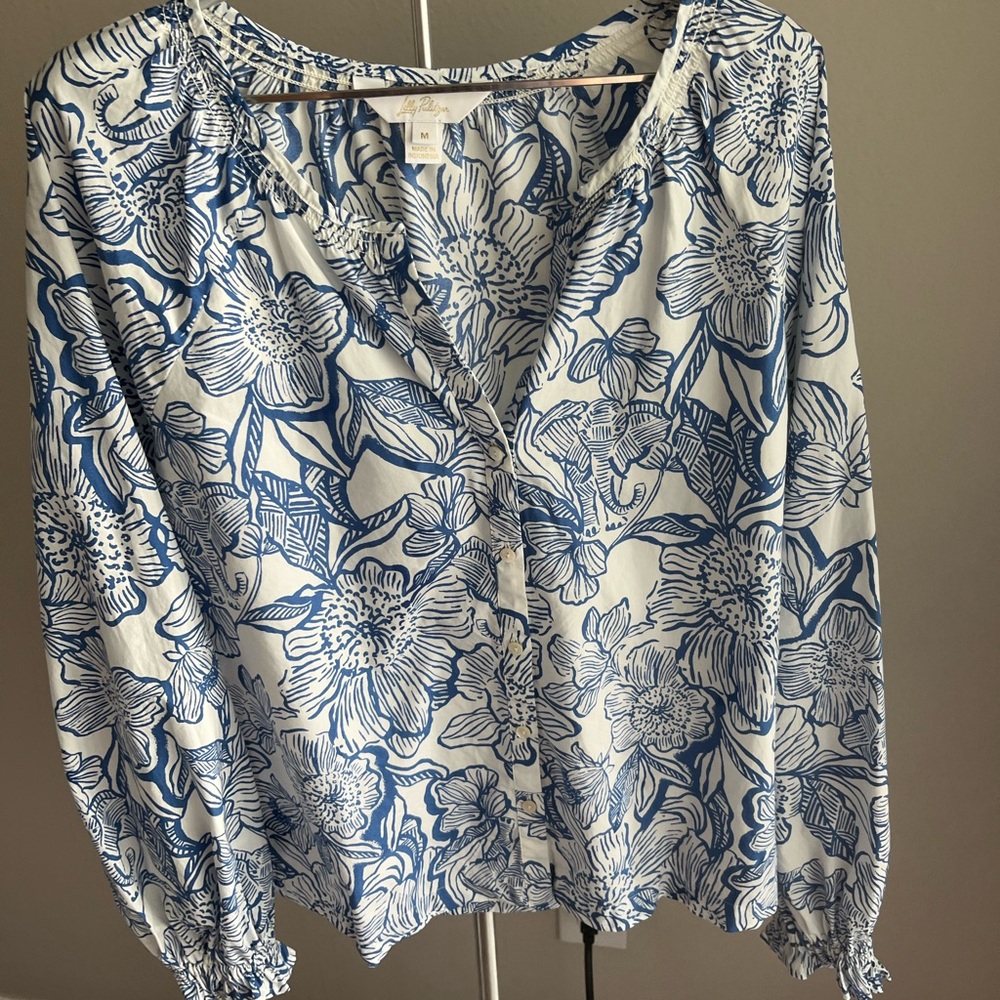 Lilly Pulitzer Aldina Floral Blue and White Women's Top-Size M